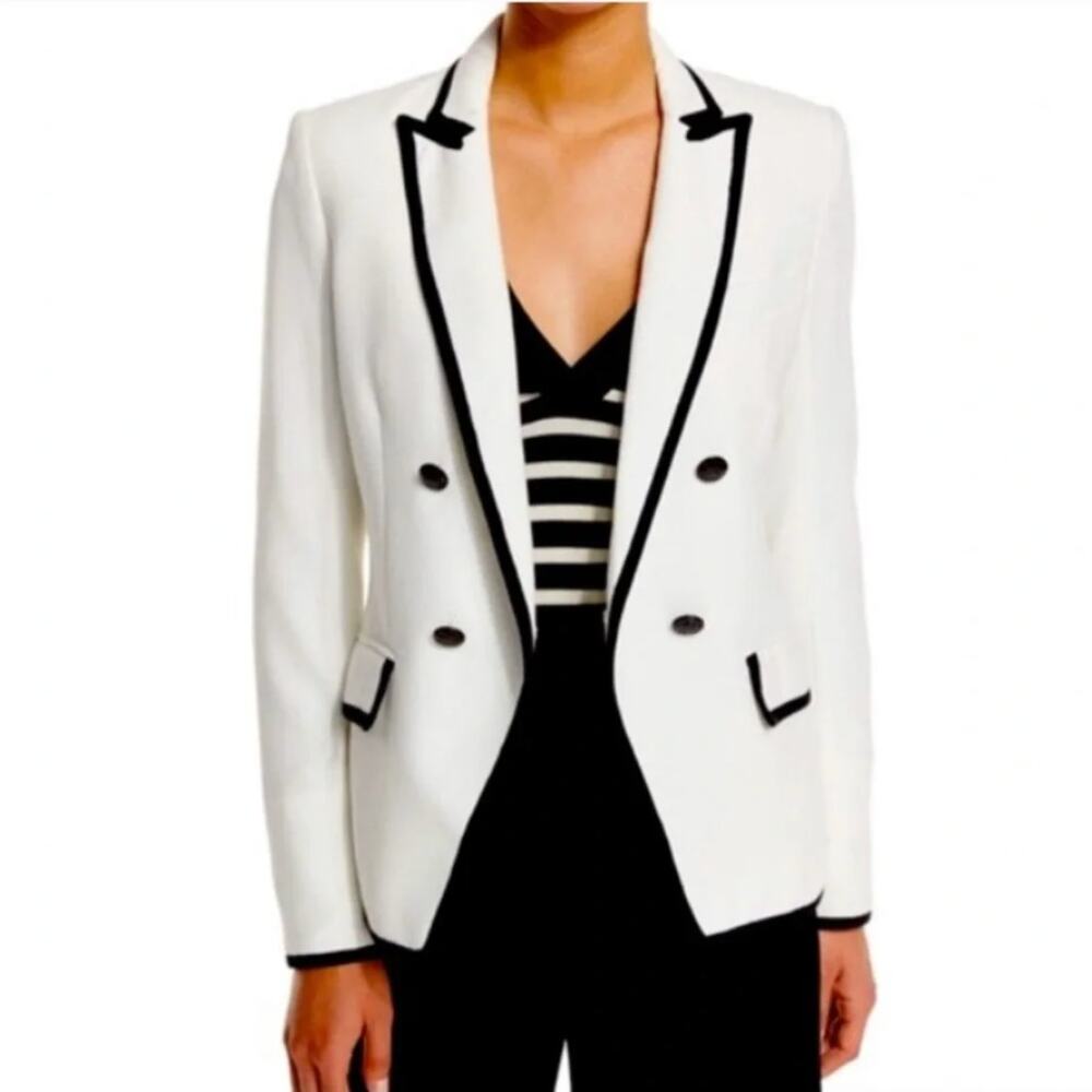 Veronica Beard Harriet Cutaway Contrast Blazer Off White Black Trim USA Size 8